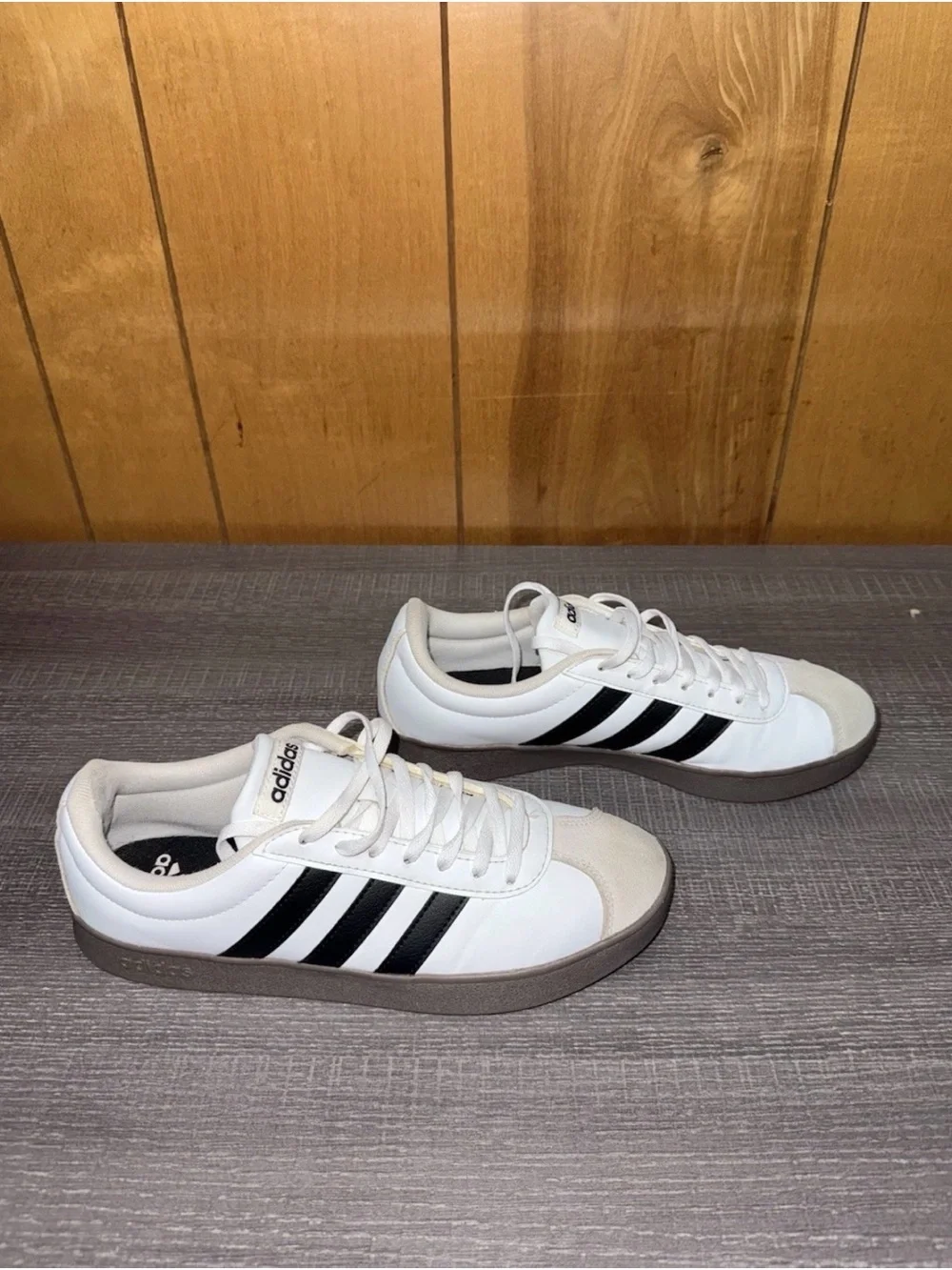 adidas White Sneakers with Black Stripes and Brown Sole